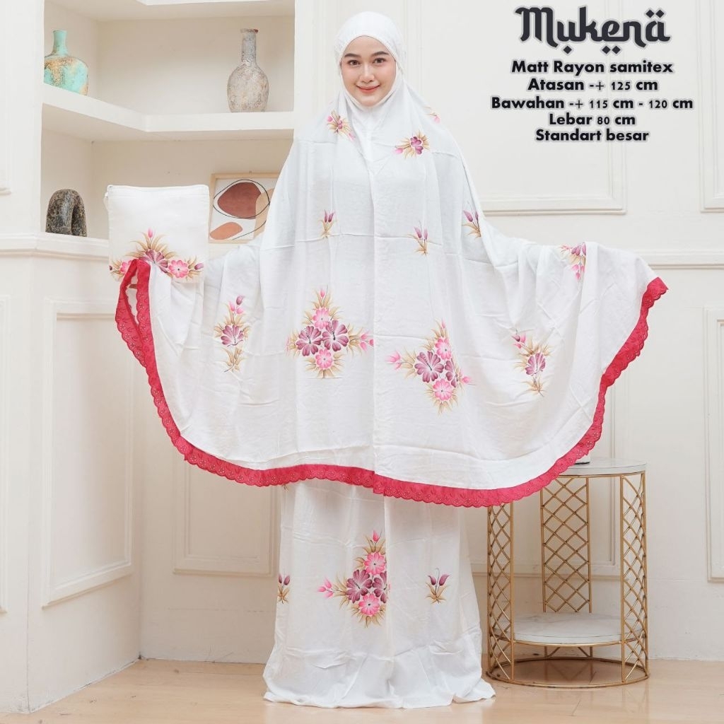 mukena dewasa mukena lukis putih motif bunga adem