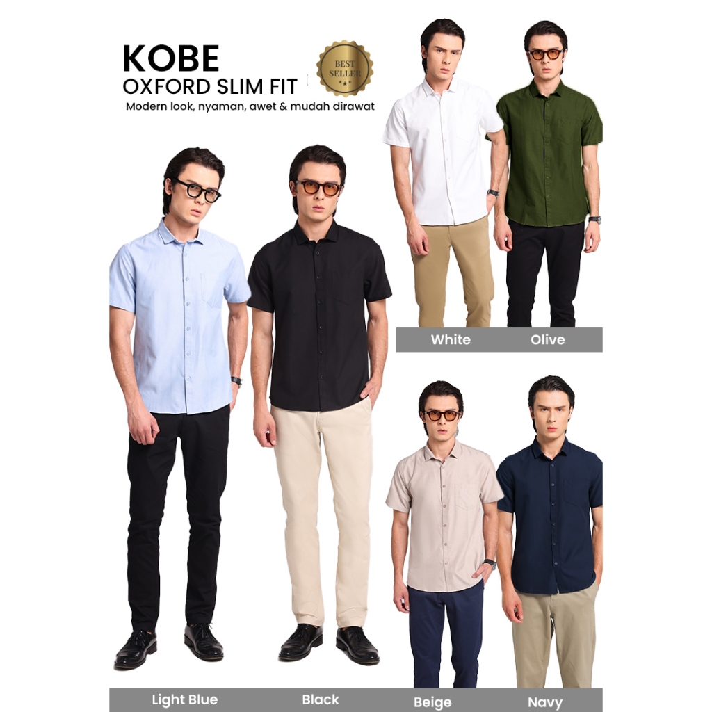 MANZONE - Kemeja Oxford Lengan Pendek Pria Kobe Slim Fit - Colour Series