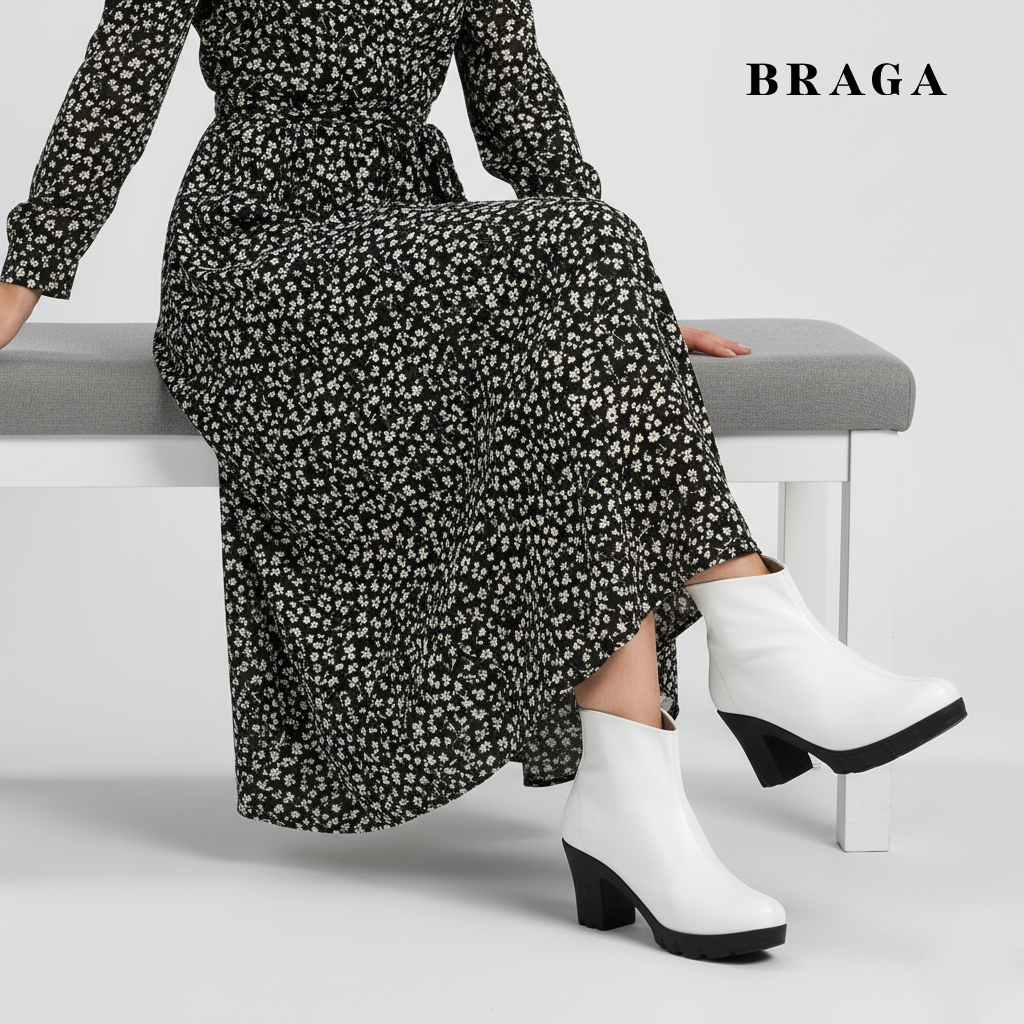 Braga Emma B 2991 - Sepatu Heels Wanita Kekinian Boots Casual Wanita Kuliah Kerja Warna Putih