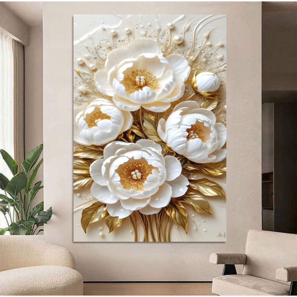 Stiker Bunga 3d Elegan - Walldecor Nuansa Bunga Emas mewah - Wallpaper Stiker Bunga 3d