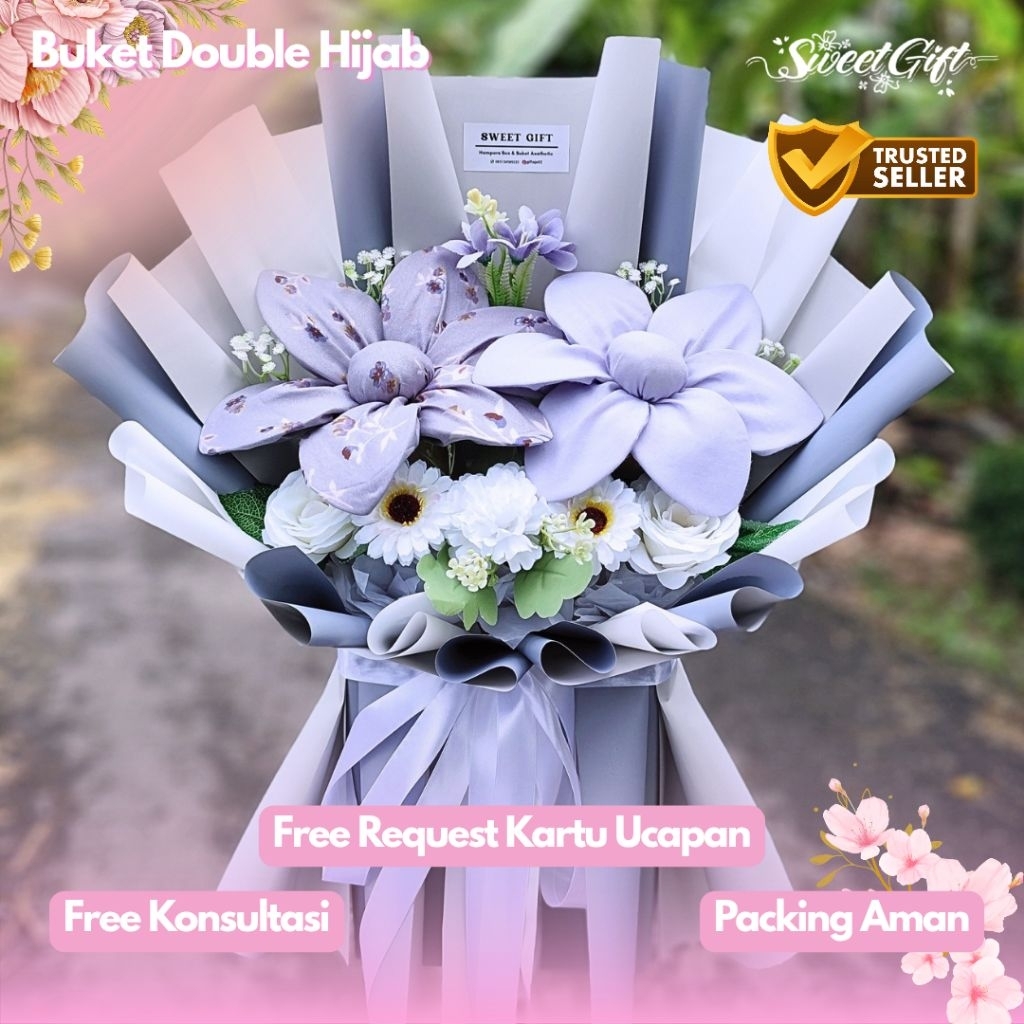 Buket Hijab Segi Empat / Buket Double Hijab Motif Azara & Hijab Polos Paris Premium / Buket Hijab Un