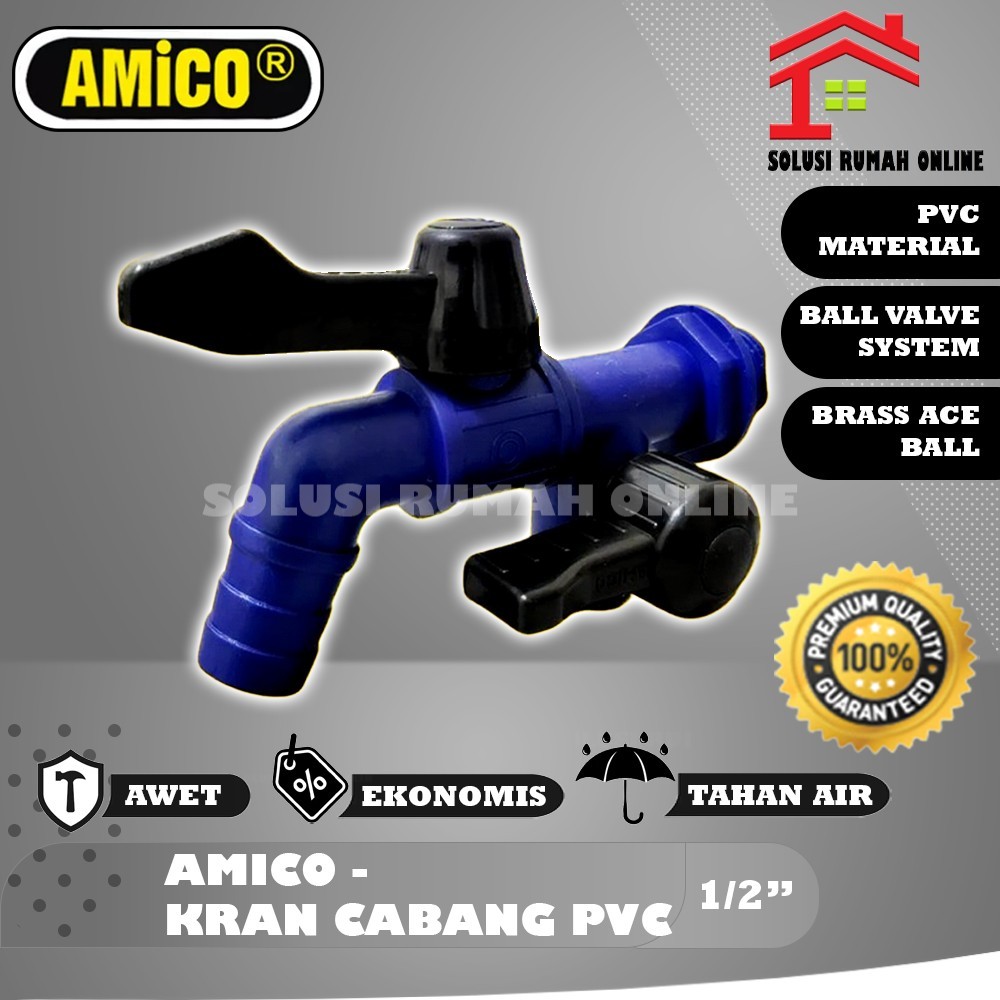 Kran Air Plastik Cabang AMICO 1/2 inch Double Keran PVC Shower Mesin Cuci PVC Ball Valve Bola dan As