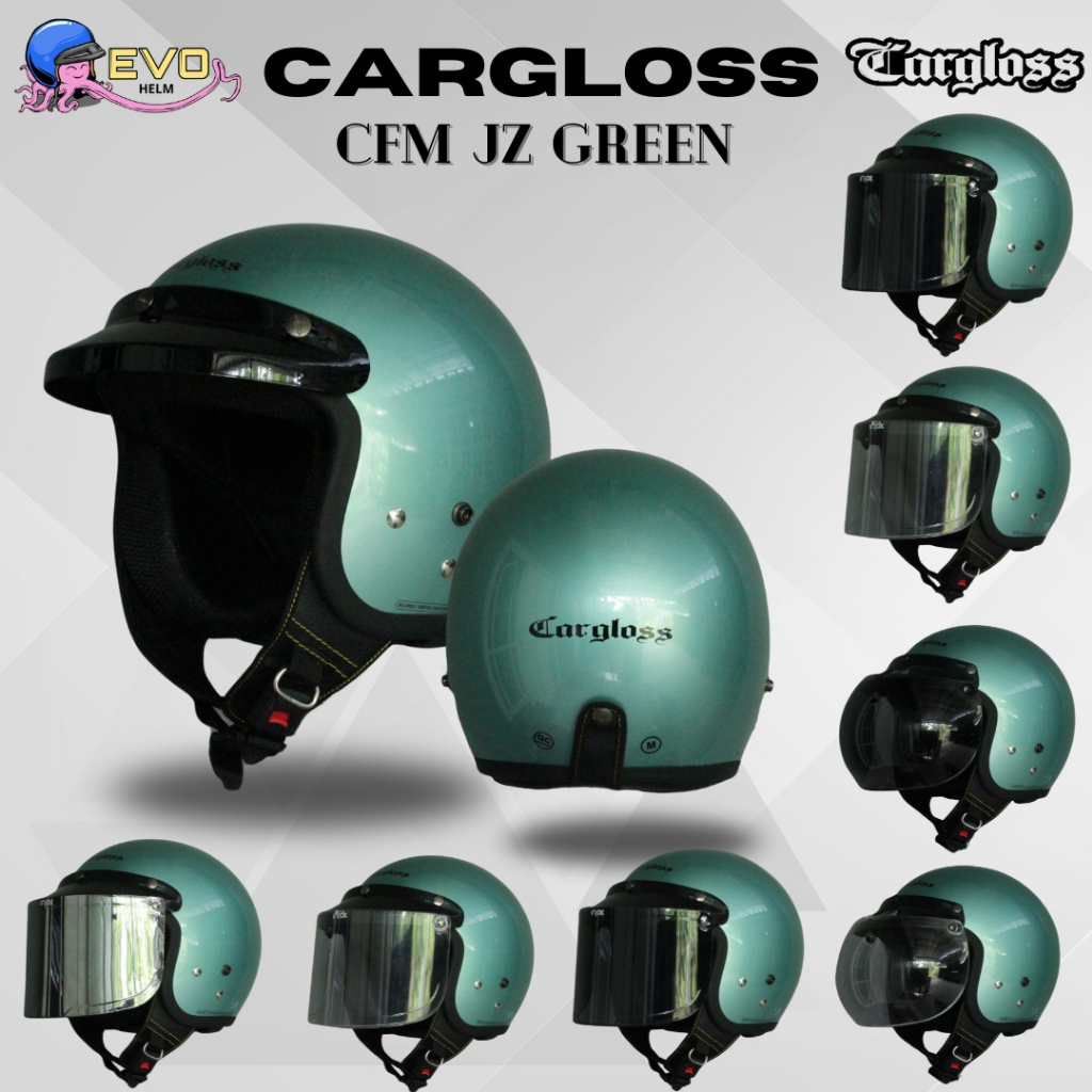 HELM CARGLOSS ORIGINAL CFM RETRO HALF FACE - HIJAU TOSCA / JZ GREEN BUNDLING KACA DATAR / CEMBUNG