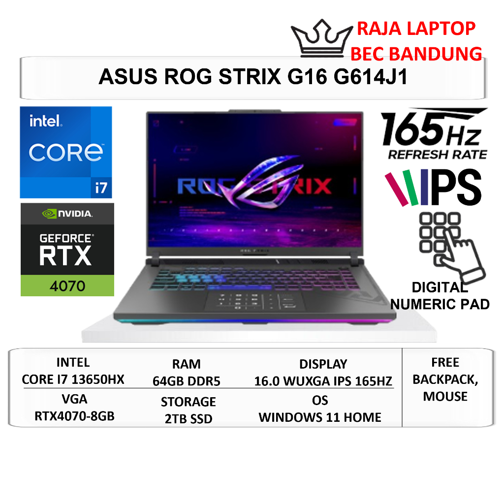 ASUS ROG Strix G16 G614J1 Intel Core I7 13650HX Ram 32GB 2TB SSD RTX4070-8GB 16 WUXGA Windows 11