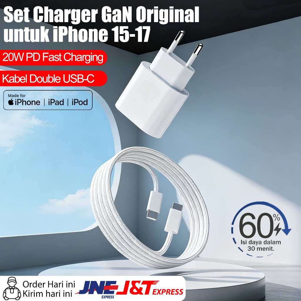 Produk Resmi—Kabel Apple Type C to C + 20W/35W PD Fast Charging - Isi Daya 60% dalam 30 Menit untuk 