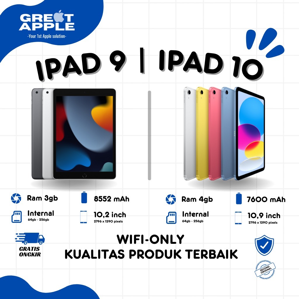 iPad Gen  9 10.2 inch | iPad gen 10 10.9 inch Gen 10th 2021 Wifi | 256GB 64GB Second Original- GREAT