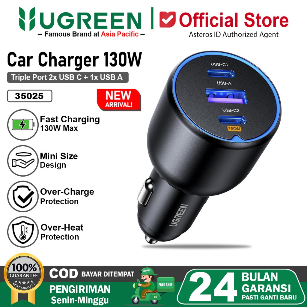 UGREEN Car Charger Mobil Multi Port USB + Type C Fast Charging 130W QC 4.0 For Phone Laptop Tablet