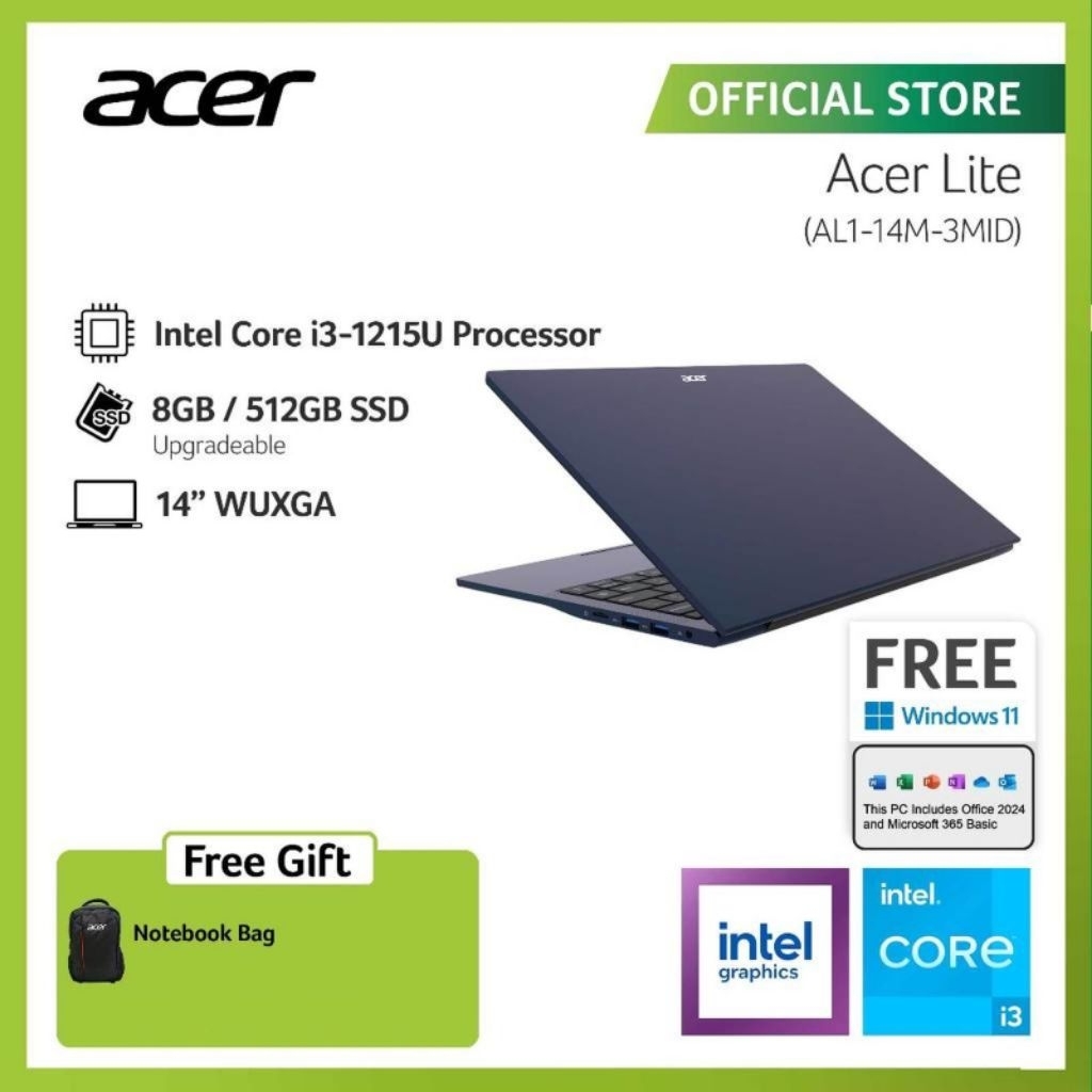Acer Aspire Lite 14 AL1 14M 3MID – Magical Color [Intel i3 1215U-8GB-SSD 512GB-14WUXGA-W11+OHS+M365]