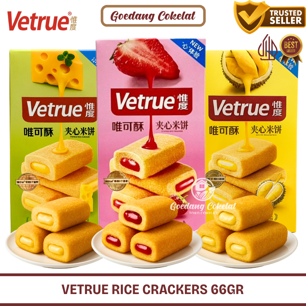 Vetrue Rice Crackers Taiwan 66g - Biskuit Beras Import Isi Krim Durian Musang King Keju Strawberry