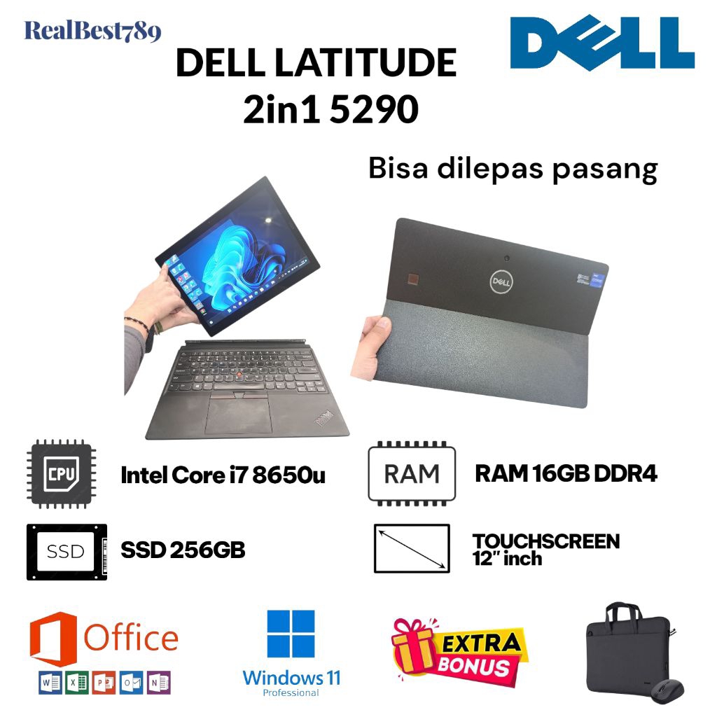 Laptop 2in1 Tablet Dell Latitude 5290 Core i5 / i7 8650 (8th Gen) Ram 16GB Ssd 256GB Layar 13in Touc