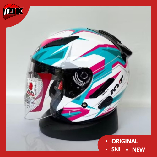 HELM HALF FACE KYT GALAXY FLAT R MOTIF WAVES WHITE BLUE ORIGINAL DOUBLE VISOR PUTIH BIRU PINK FUXIA