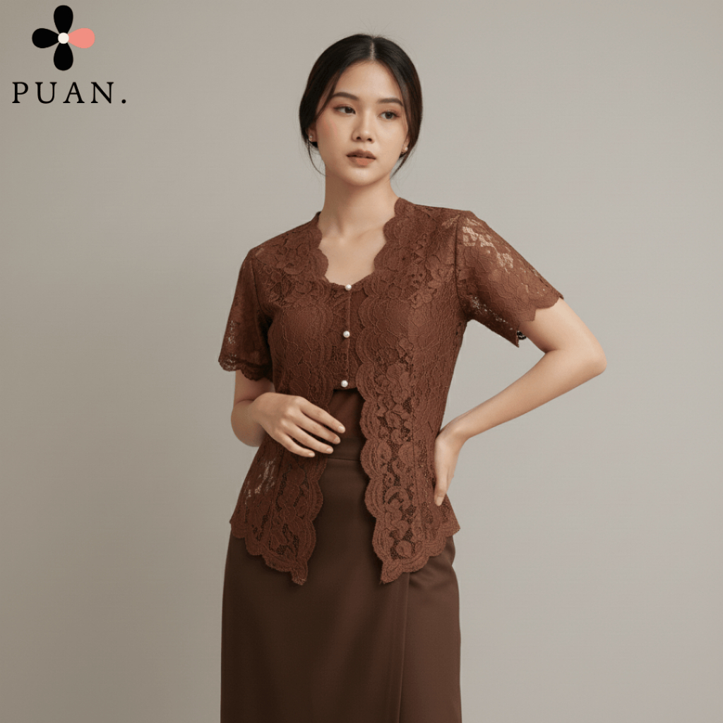 Outer Kebaya Hagia Mahogany Brukat Kutubaru Modern Atasan Rok Lilit Wisuda Setelan Kondangan Simpel 