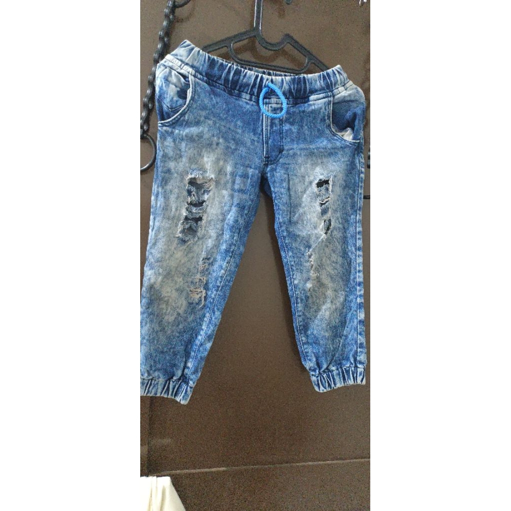CELANA JEANS CEWEK LP70CM  P63CM MODEL SOBEK PINGGANG KARET MELAR SECOND REAL PICTUTE
