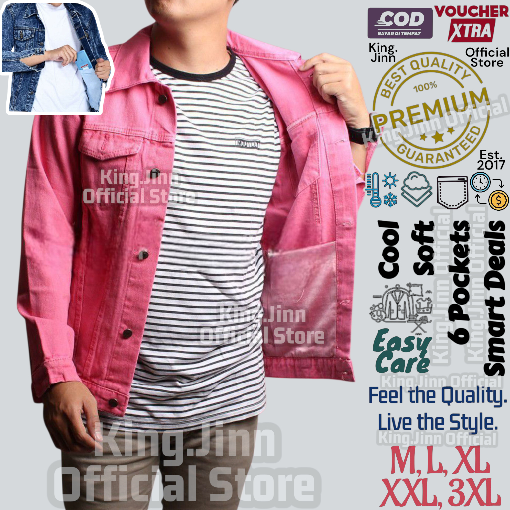 Jaket Jeans Denim Premium Pria All Size - Jumbo Oversize - Soft Pink Merah Muda