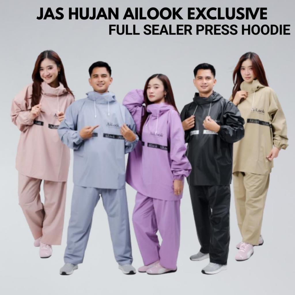 AILOOK Jas Hujan Hoodie Exclusive Full Seal Press Anti Rembes Setelan Pria Wanita Bahan PVC Karet Te