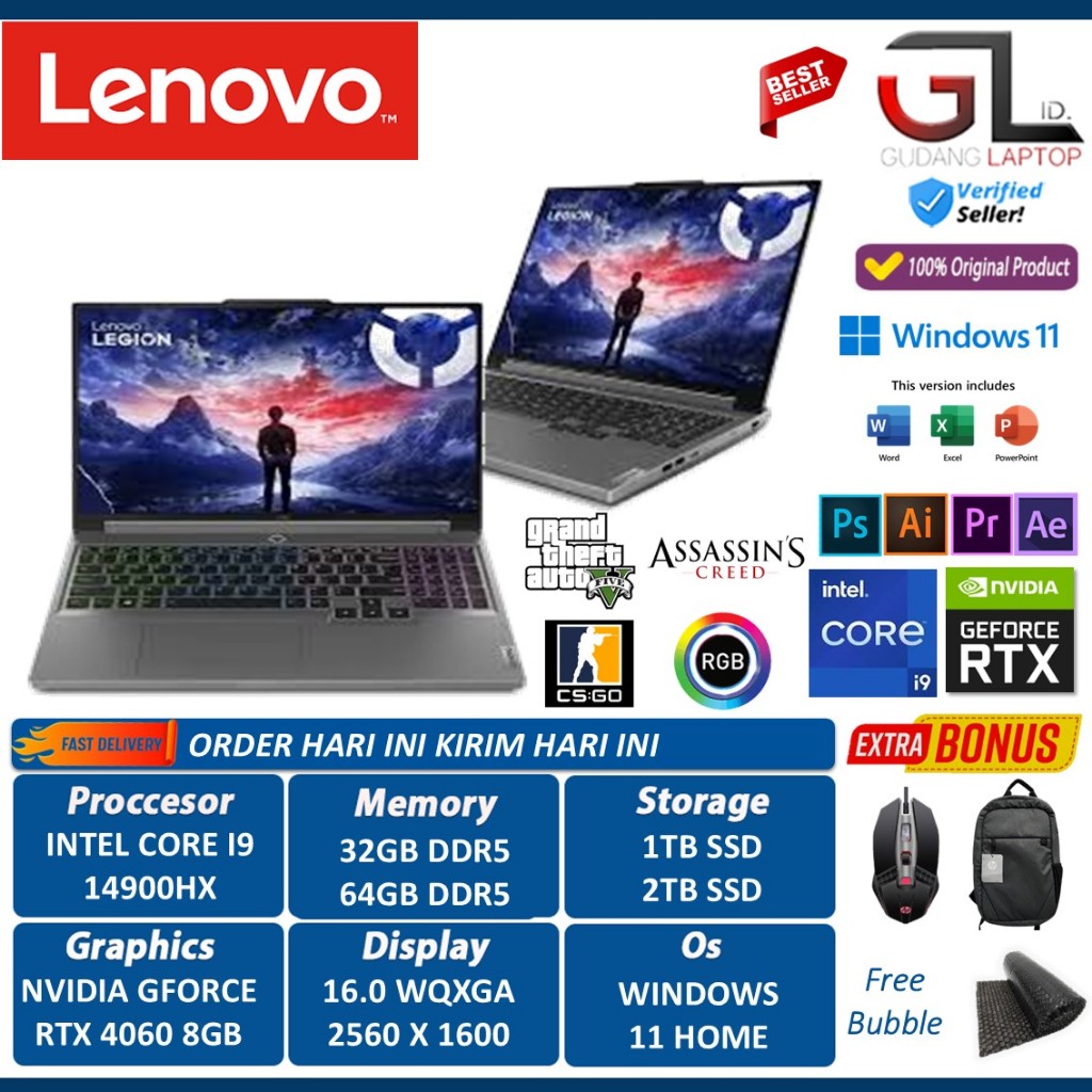 Laptop Lenovo Legion 5i 16 Intel Core I9 14900HX 64GB 2TB RTX4060 16 Inch WQXGA Ips 165Hz RGB W11