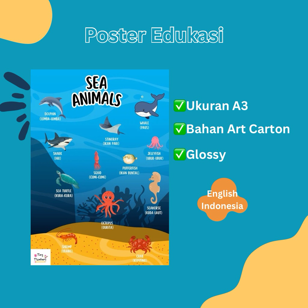 Poster Edukasi Hewan Laut | Poster Belajar Anak Bahasa Inggris | Sea Animals – Tiny Thinkers