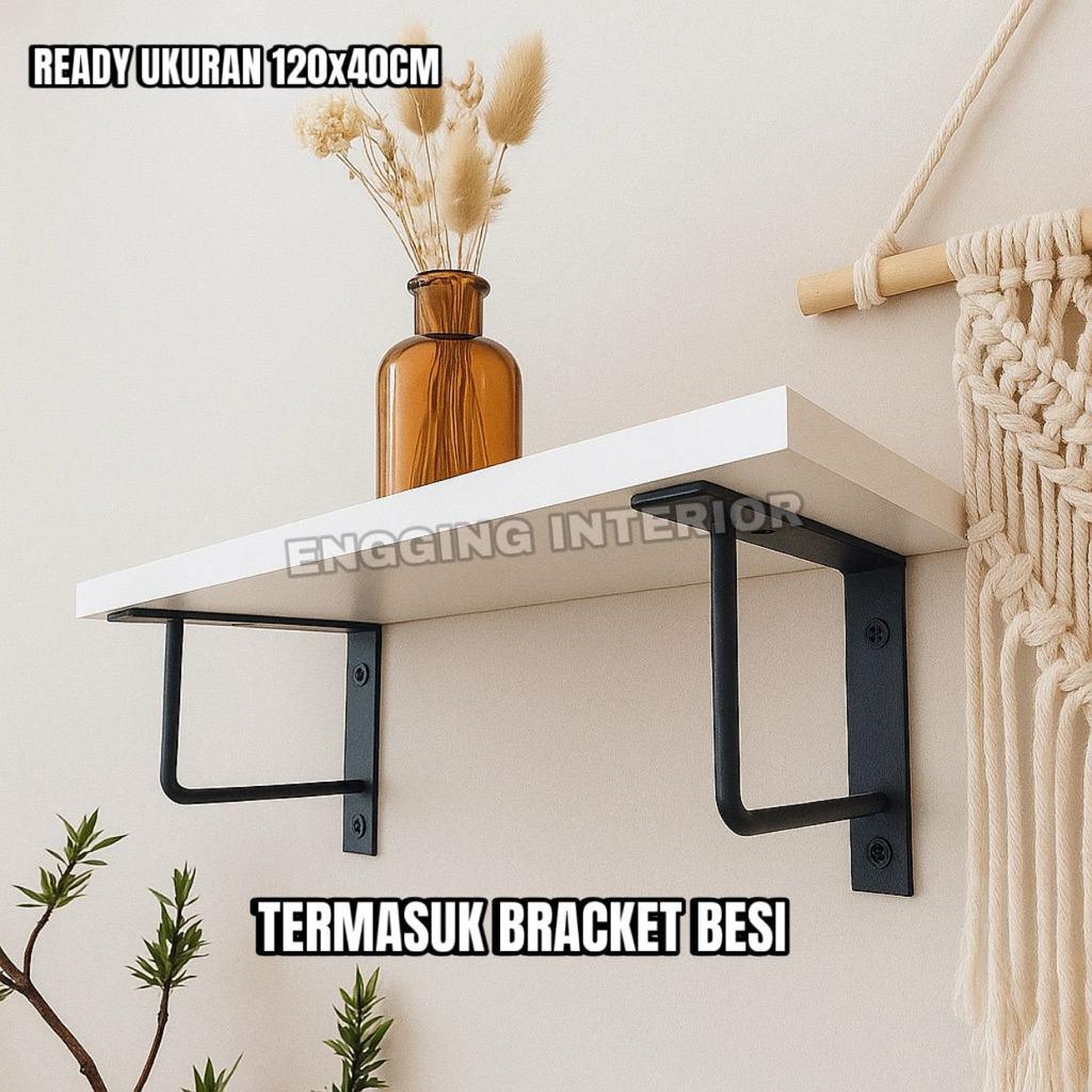 Rak Dinding Minimalis Ambalan Siku Besi Ukuran 60-120 cm Lebar 20-40 cm Tebal 1,5 cm Warna Putih Hit