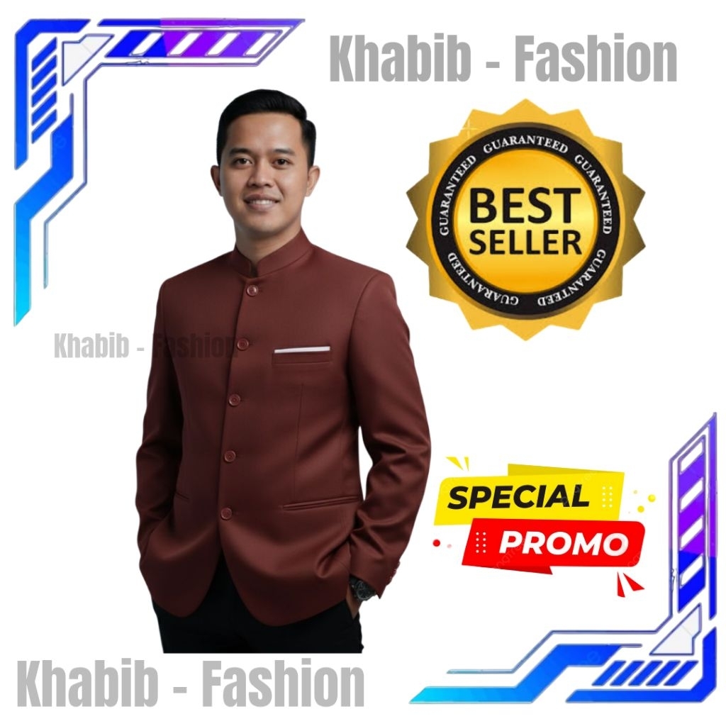 JAS KOKO JASKO MANDARIN PRIA WARNA MERAH MAROON LIST SAKU PUTIH