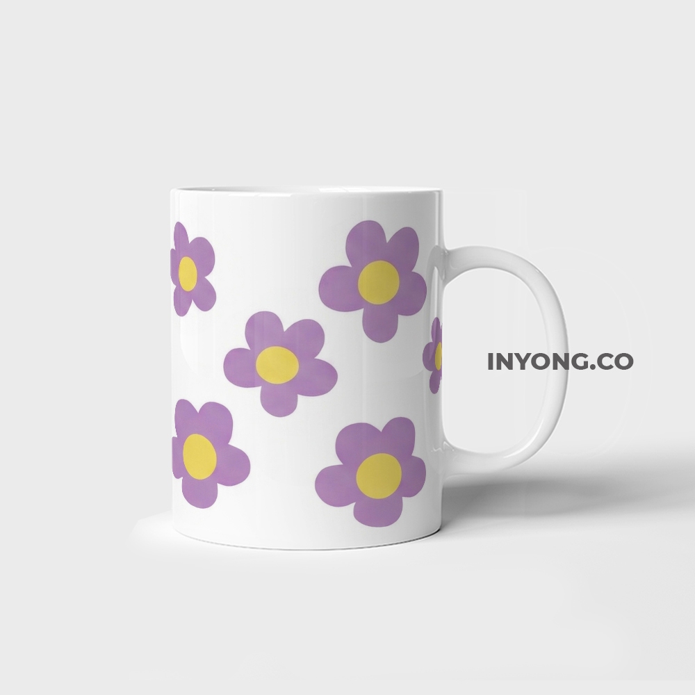 Mug Keramik Motif Bunga Ungu Lucu / Gelas Kopi Teh Estetik (Kode 08)