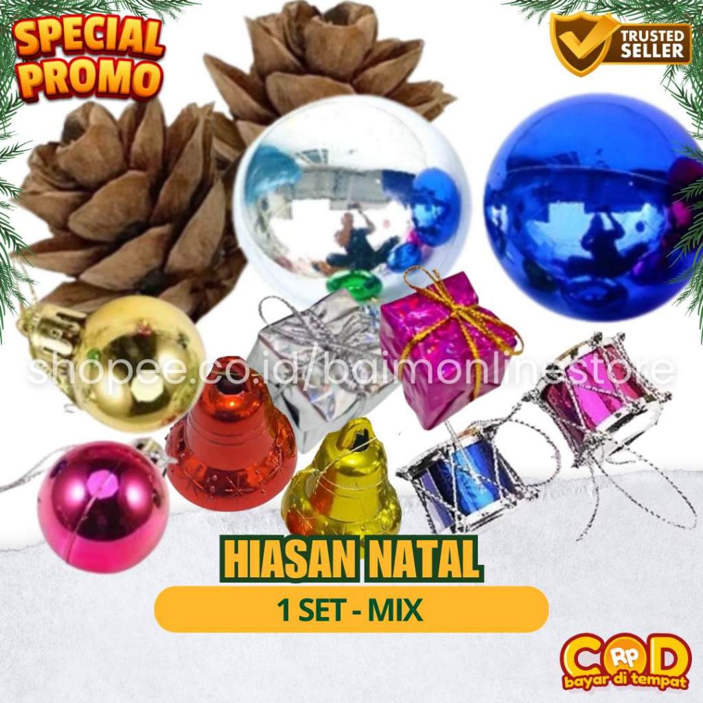 Set Aksesoris Pohon Natal Mini | Bola, Drum, Lonceng, Kotak Kado & Biji Pinus