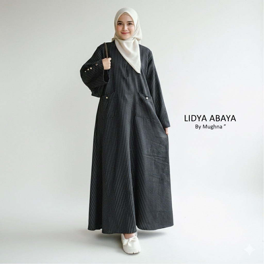Abaya Salur Strip Gamis Motif Salur Semiwoll Busui