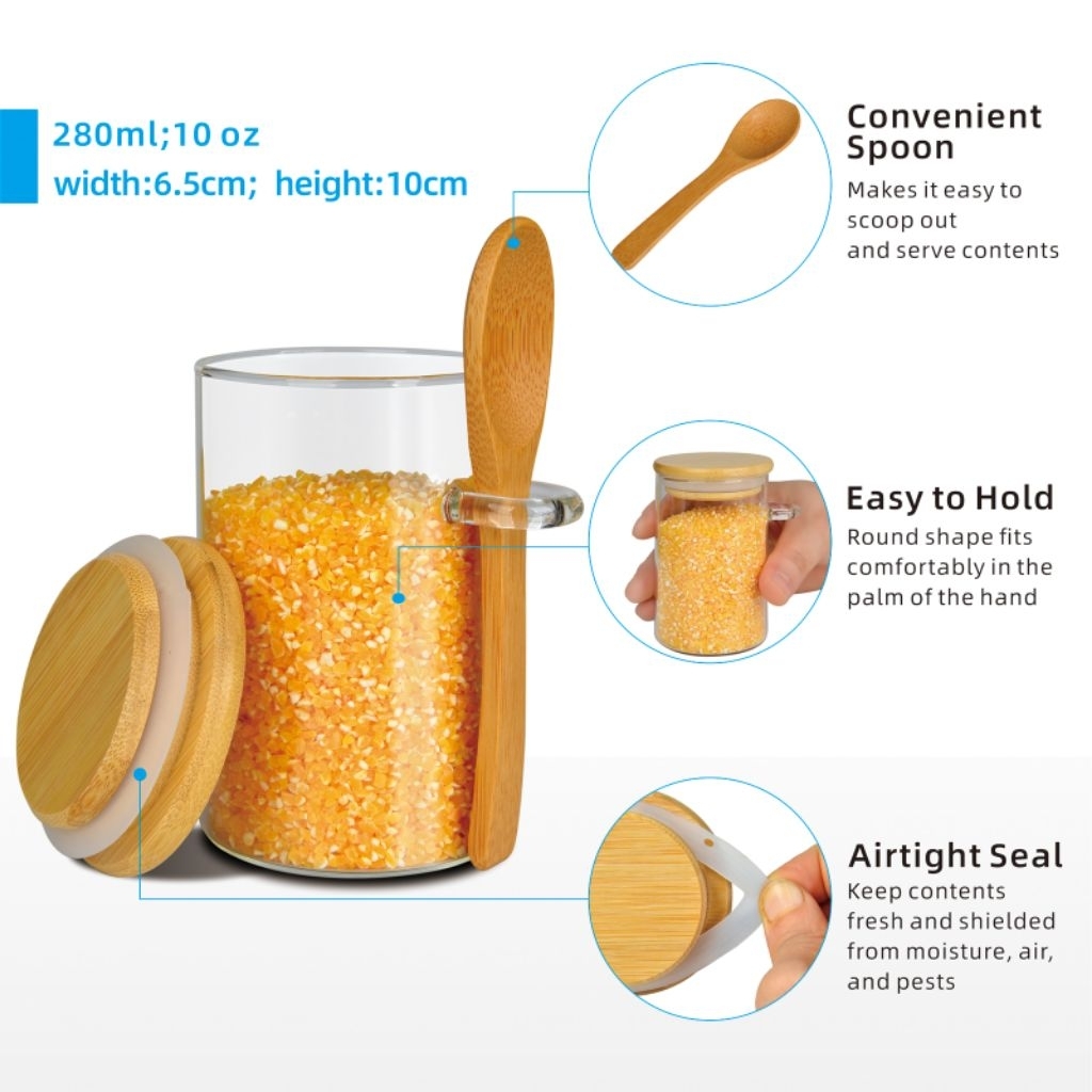 Toples Kaca 280 ml dengan Sendok Kayu & Tutup Bambu