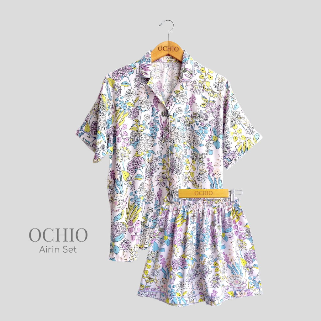 OCHIO - Airin Set Pajamas/Piyama/Baju Tidur/Sleepwear/One Set Wanita Rayon Floral Series/Motif Bunga