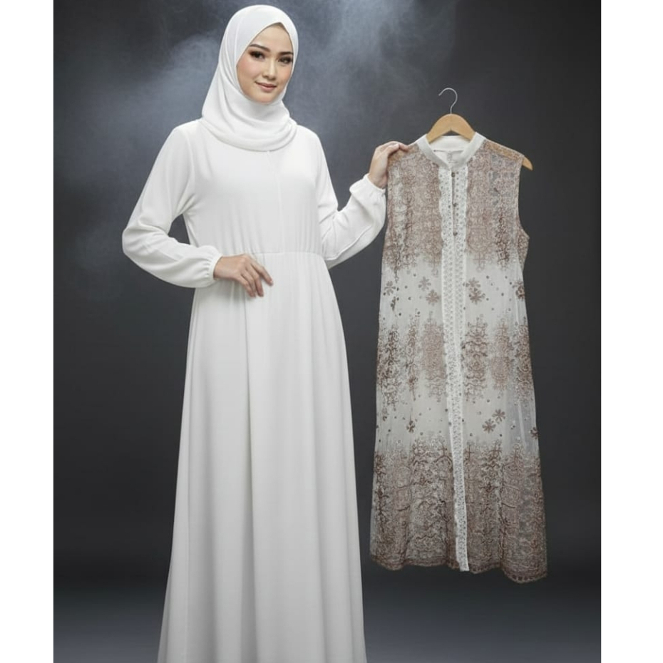 Gamis Putih Outer Wanita Elegan Wudhu Friendly Elegan Ceruti Bisa Busui Wanita Muslimah