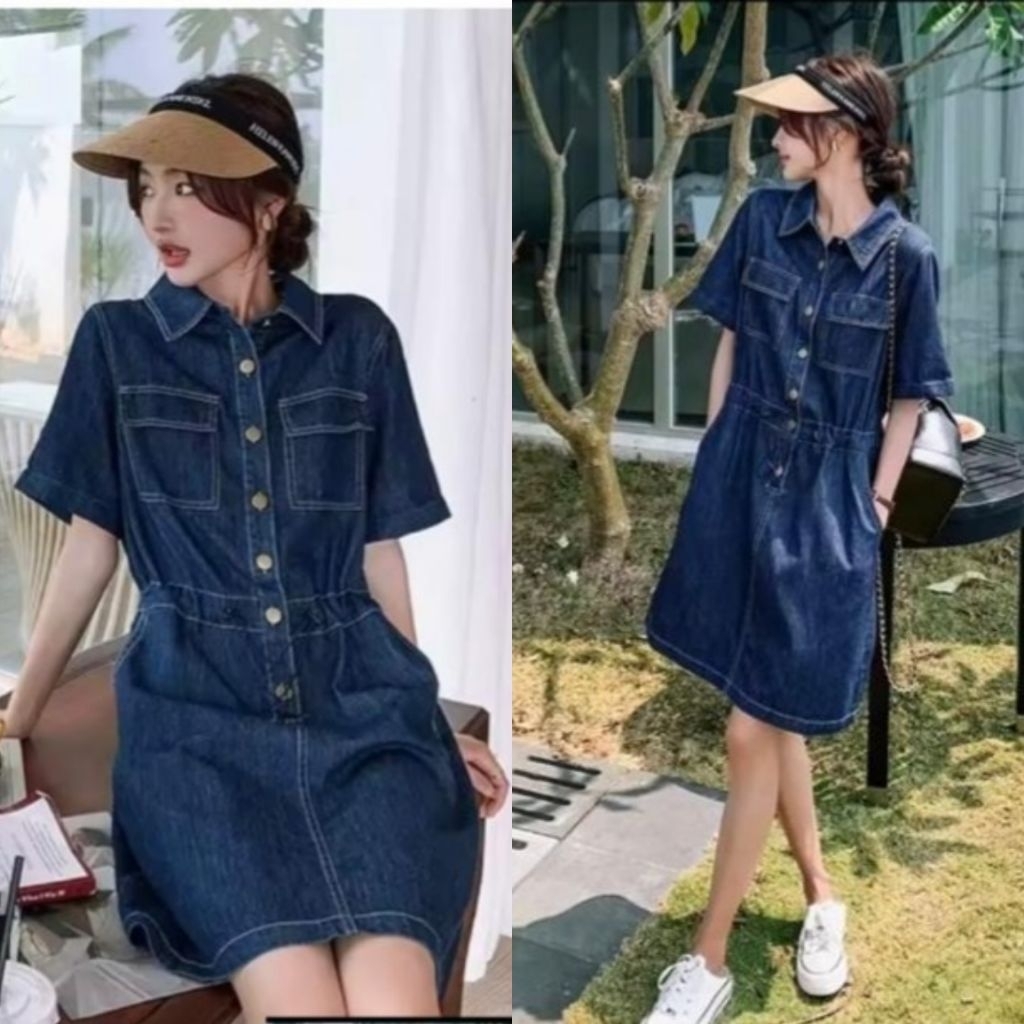 BESTGIRL NEW DRESS DENIM WANITA TALI SERUT PINGGANG