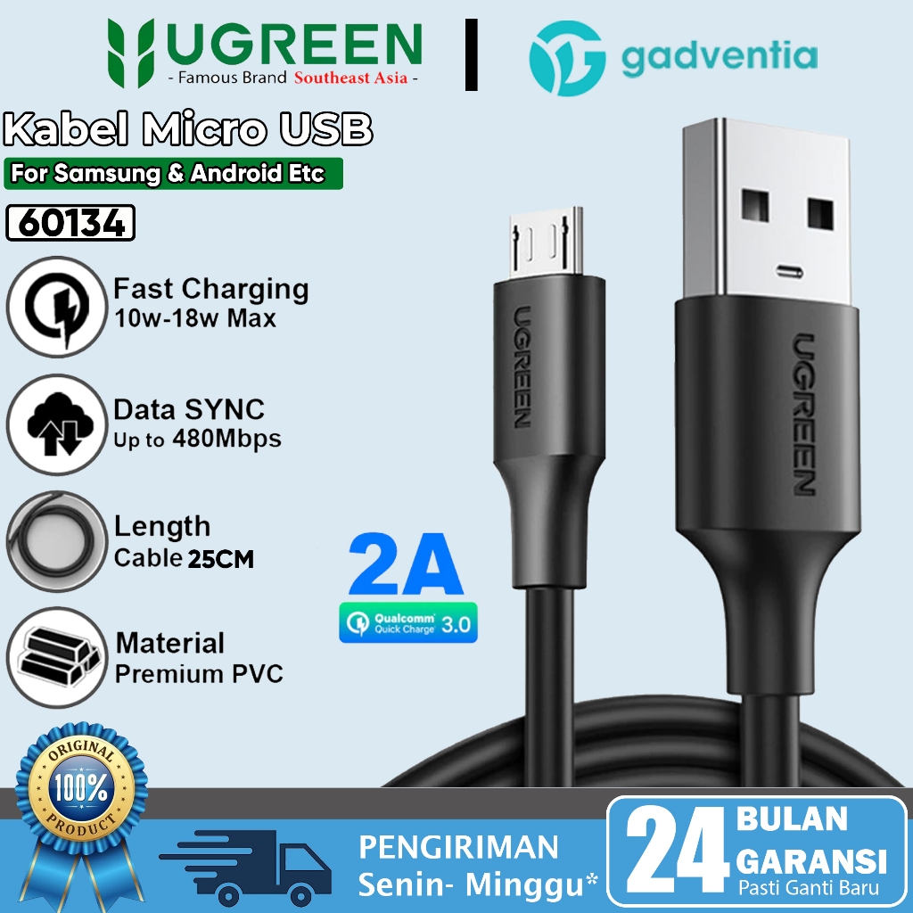 UGREEN Kabel Charger Data Micro USB Fast Charging 18W 25CM 1M 2M 3M PVC Cable For Android Samsung