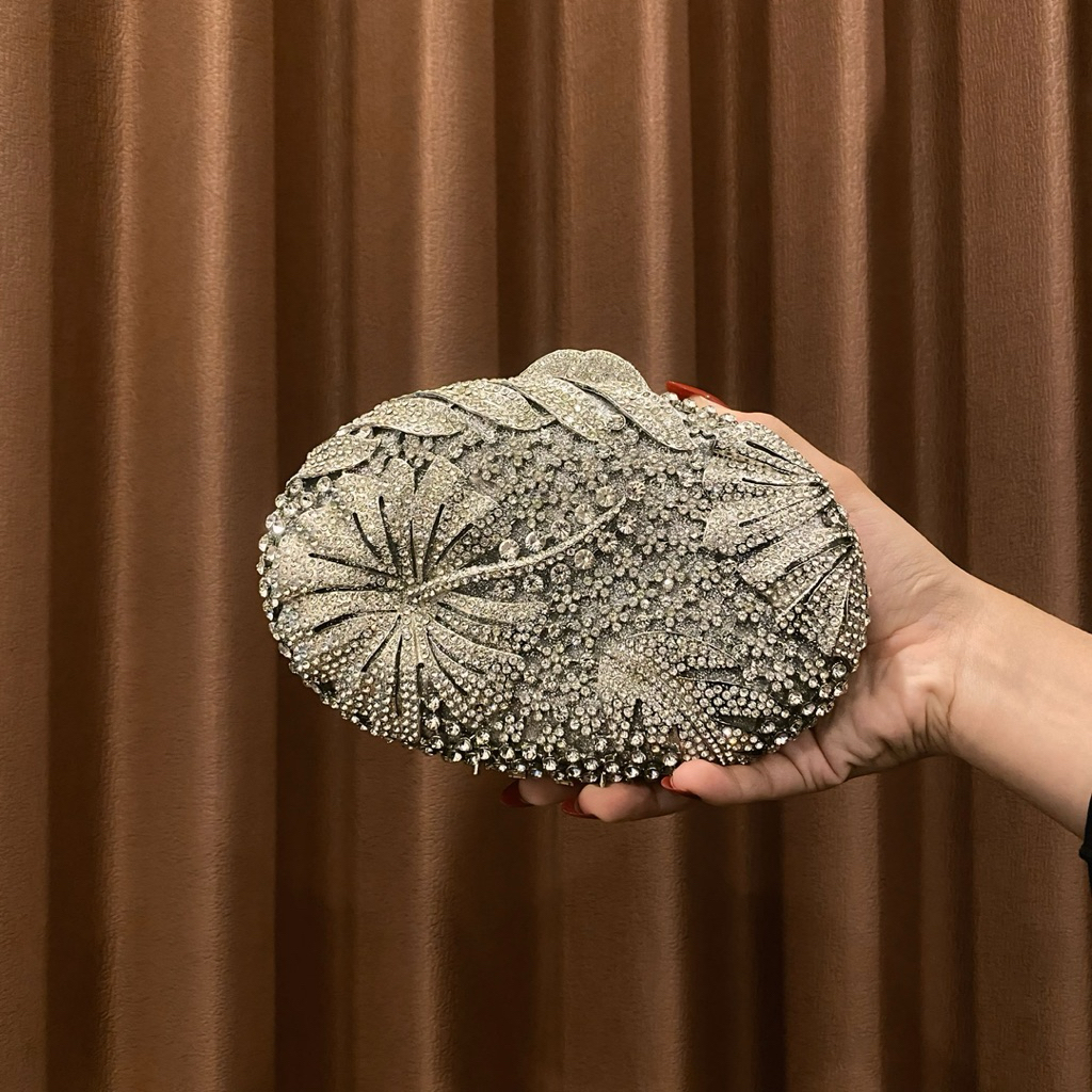 Eeve Crystal Clutch | Clutch Pesta Mewah Full Crystal Motif Bunga | Clutch Malam Rhinestone | Clutch