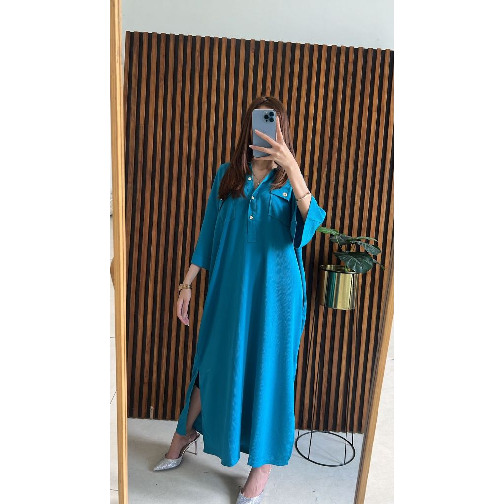 Kaftan Homedress Rayon Premium Polos Warna Ocean Depths - Tunik Model Kalong Busui Friendly Kekinian