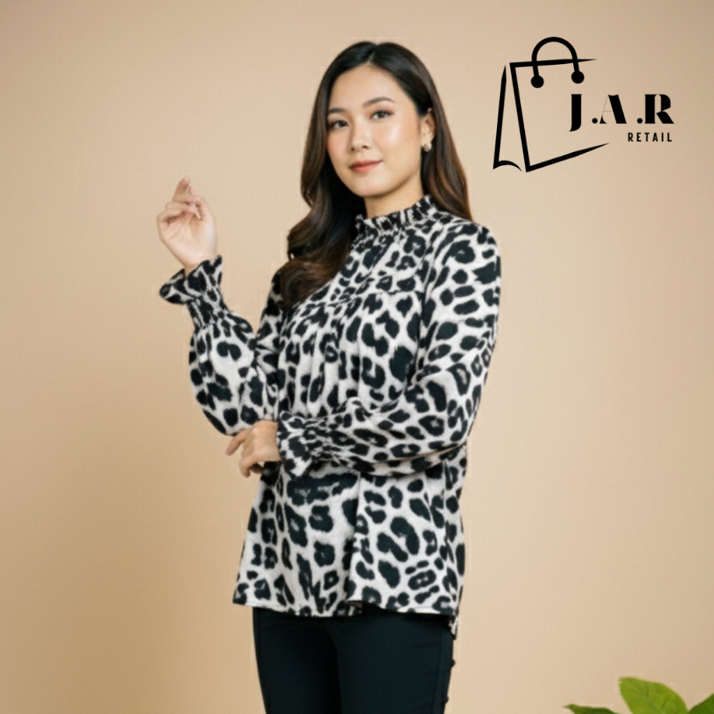 JAR Retail - Zanzea Blouse Motif Leopard Monokrom Lembut dan Nyaman