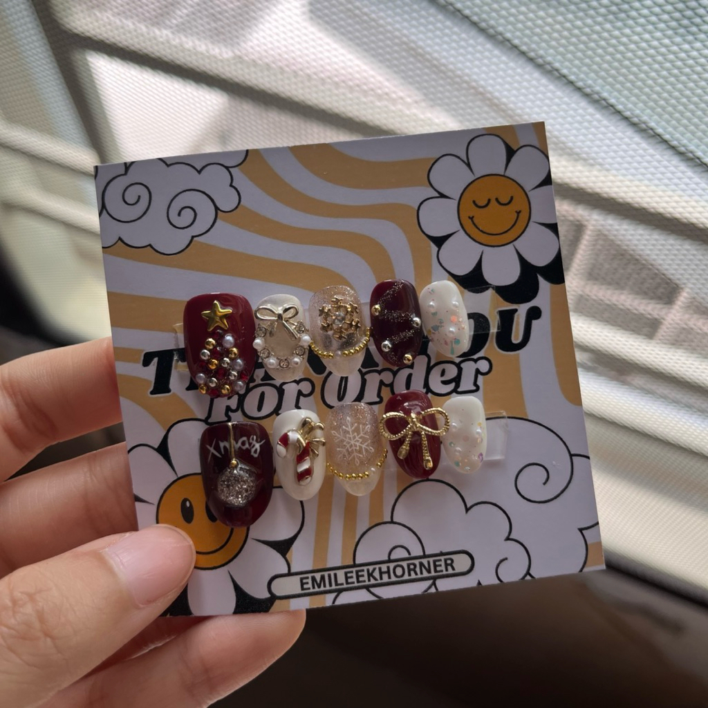 Fake Nails/ Kuku Palsu/ Press On Nails Christmas Maroon Nails/ Kuku Palsu Natal Maroon Putih