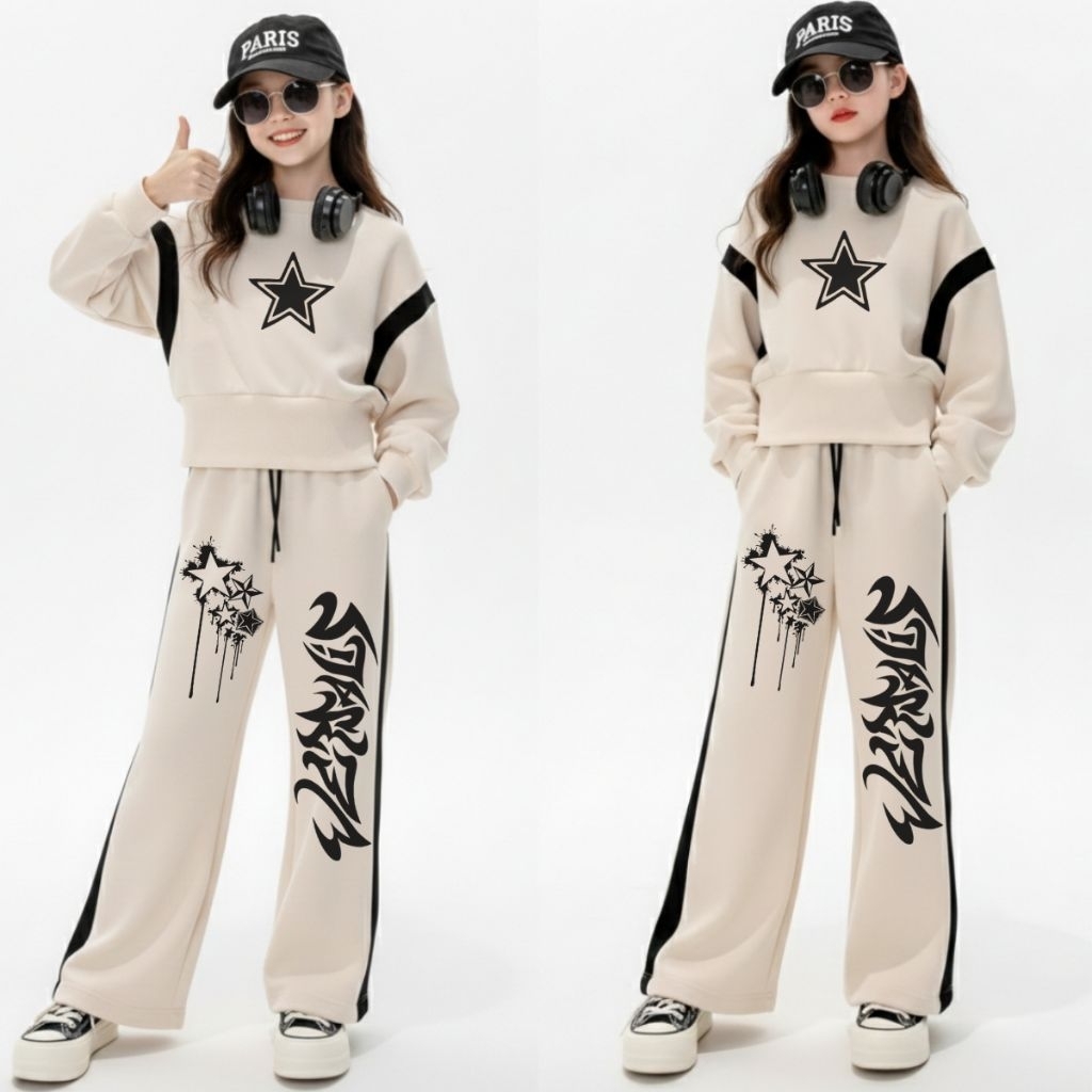 Setelan Anak Perempuan Sweater Crop Oversize Set Celana Skena Model Baggy Krem Hitam Usia 3-12 Tahun