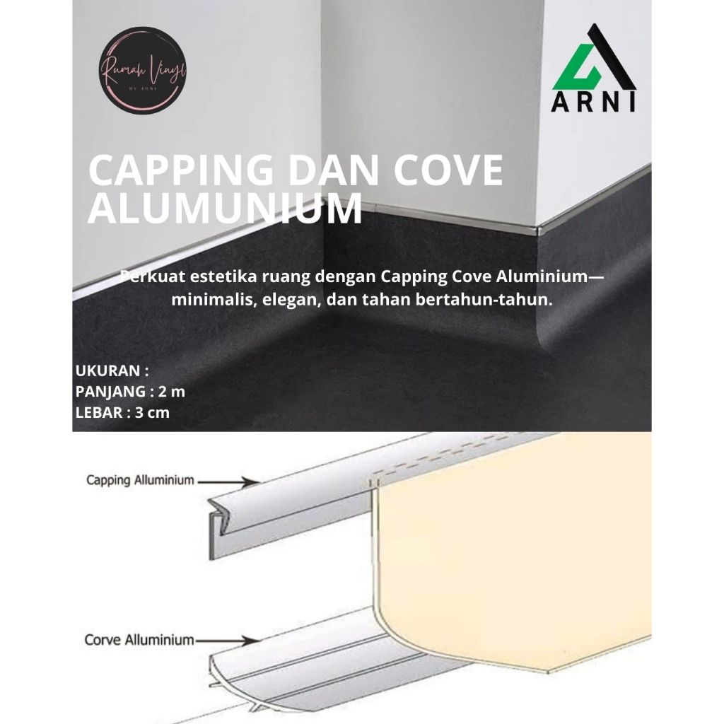 ARNI Capping & Cove Aluminium 2m x 3cm - Finishing Dinding & Lantai Rapi Tahan Lama Anti Karat & Tah