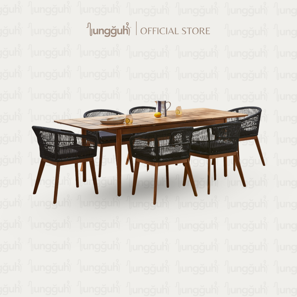 Set Meja Makan Outdoor/Indoor Kayu Jati 6 Kursi Tali Sintetis Hitam | Dining Set Minimalis