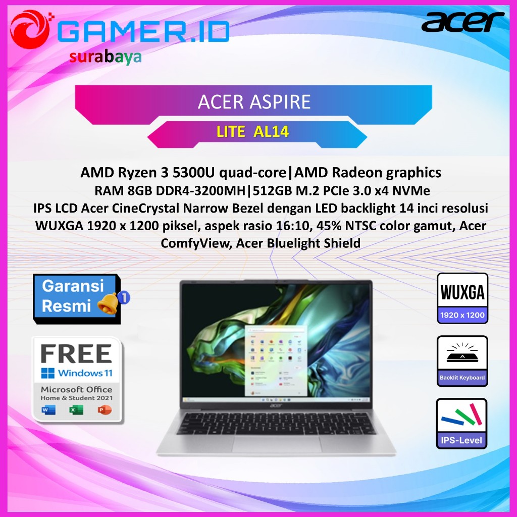 LAPTOP ACER ASPIRE LITE  AL14 RYZEN 3 5300U - 8GB 512GB 14.0WUXGA IPS