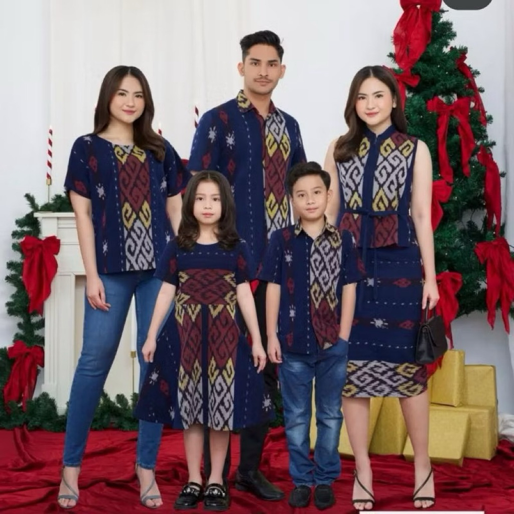 Set Keluarga/Seragam Keluarga Batik Tenun Blanket Halusan Motif Toraja Pink-Kemeja Tenun-Dress Tenun