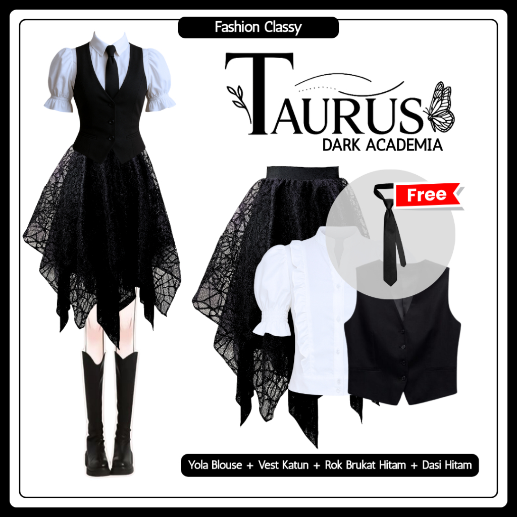 [Non Hijab] Taurus Dark Academia Yearbook Outift | Rok Brukat + Yola Blouse + Vest + Dasi | FCL022