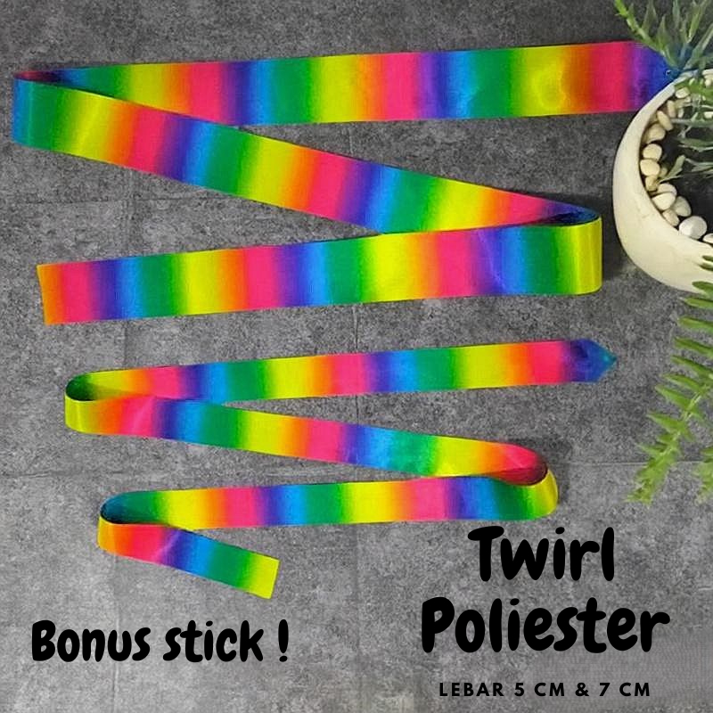 Twirl Pita Poliester Pelangi Lengkap Tongkat Alat Tari Tamborin Gereja Ballet Twirling