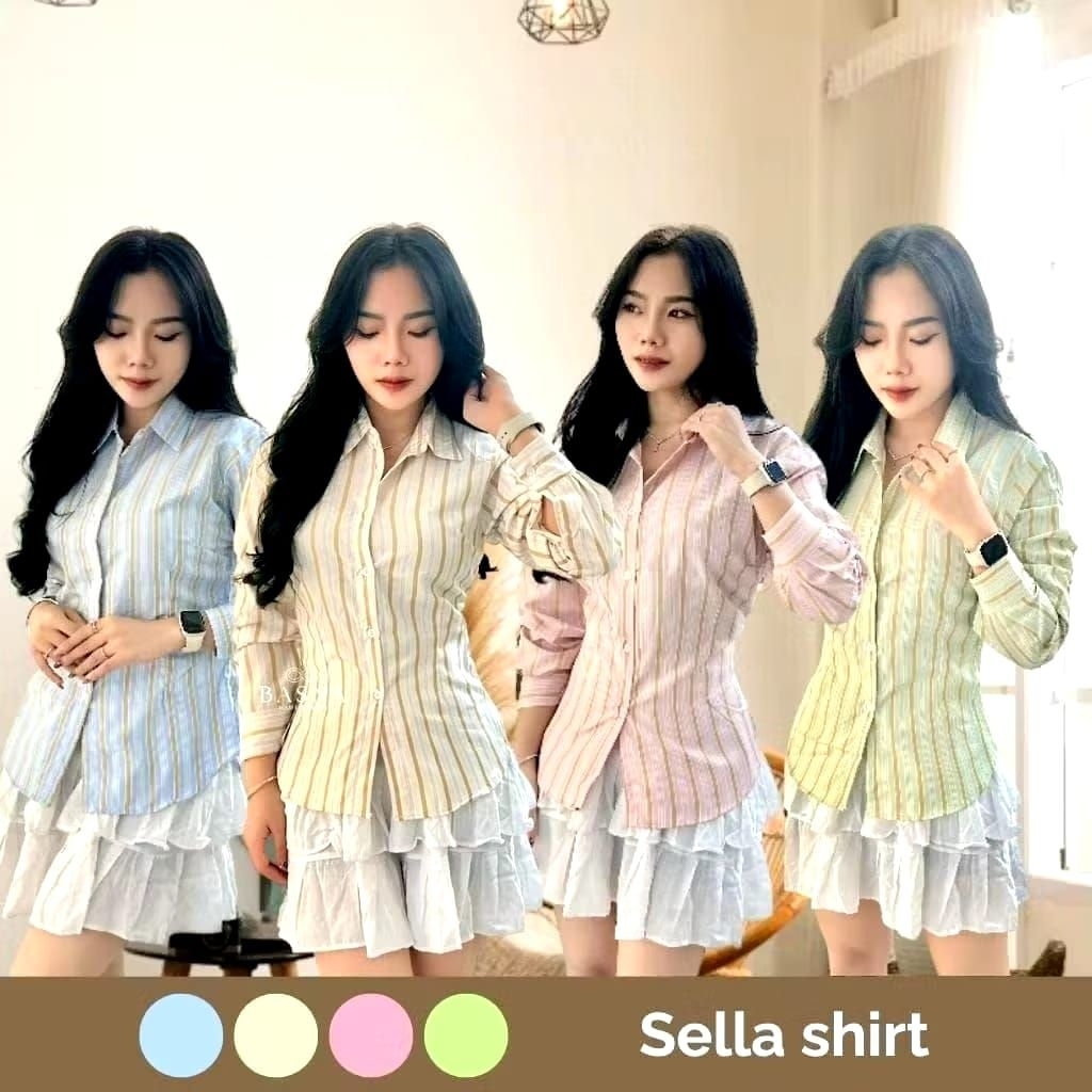 Monney Fitted Shirt Kemeja Slim Motif Stripe  Kemeja kerja wanita fit garis stripe karet Lembut pink
