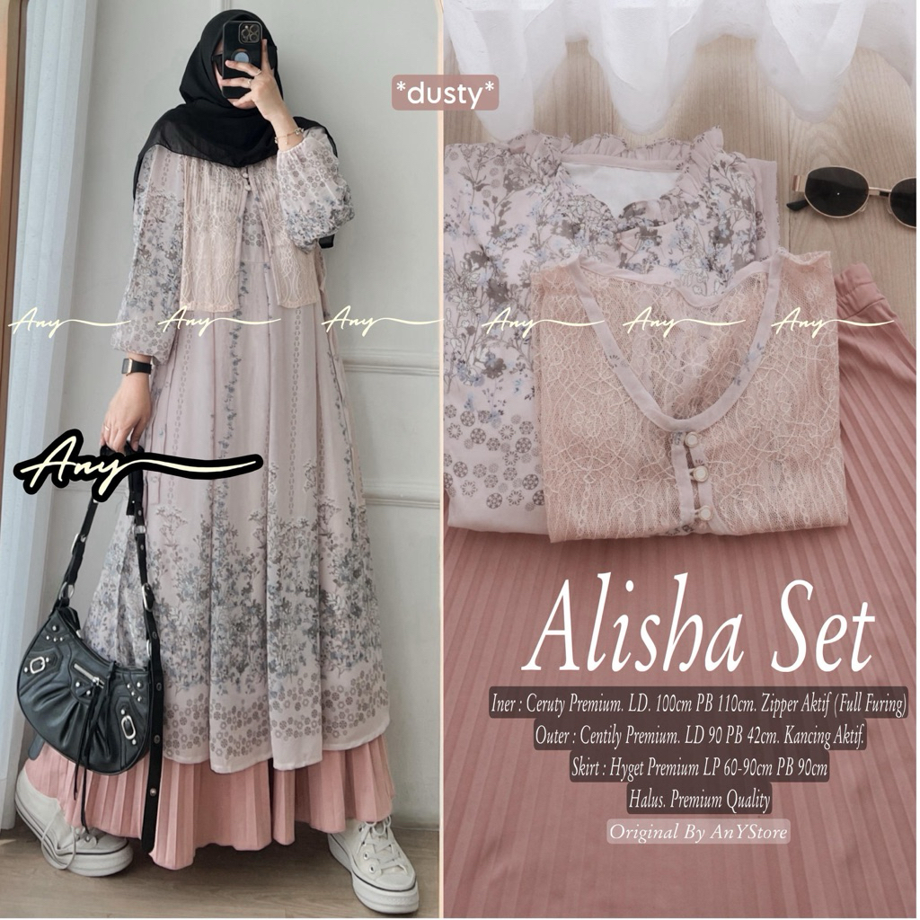 SETELAN TUNIK CERUTY PREMIUM BY ANY SETELAN WANITA ROK PLISKET TUNIK BAHAN CERUTY MIX BROKLAT