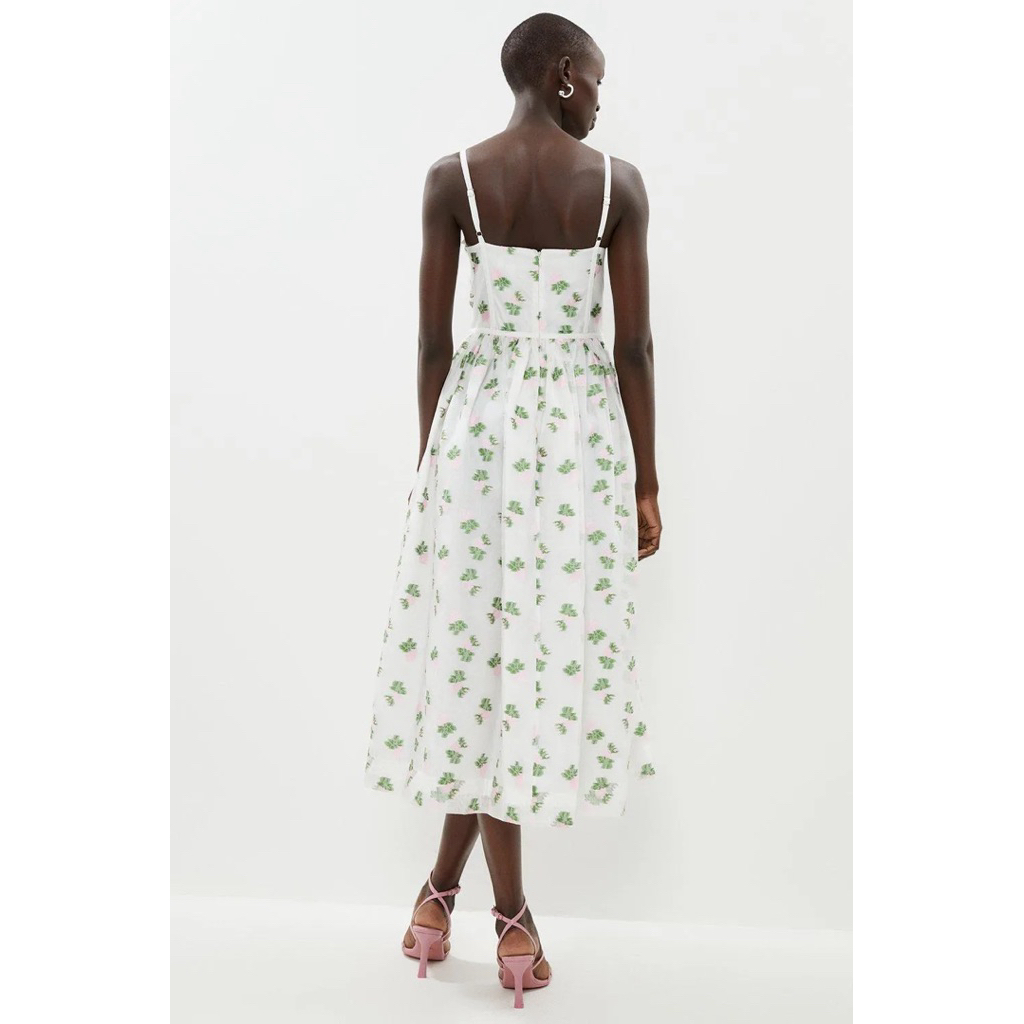 HM MIDI DRESS WHITE GREEN FLORAL