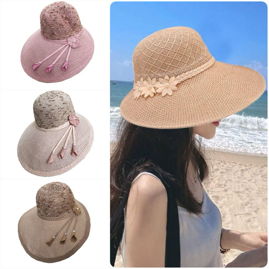 Topi pantai cewek bucket rumbia ruffle topi dewasa pelindung matahari kekinian