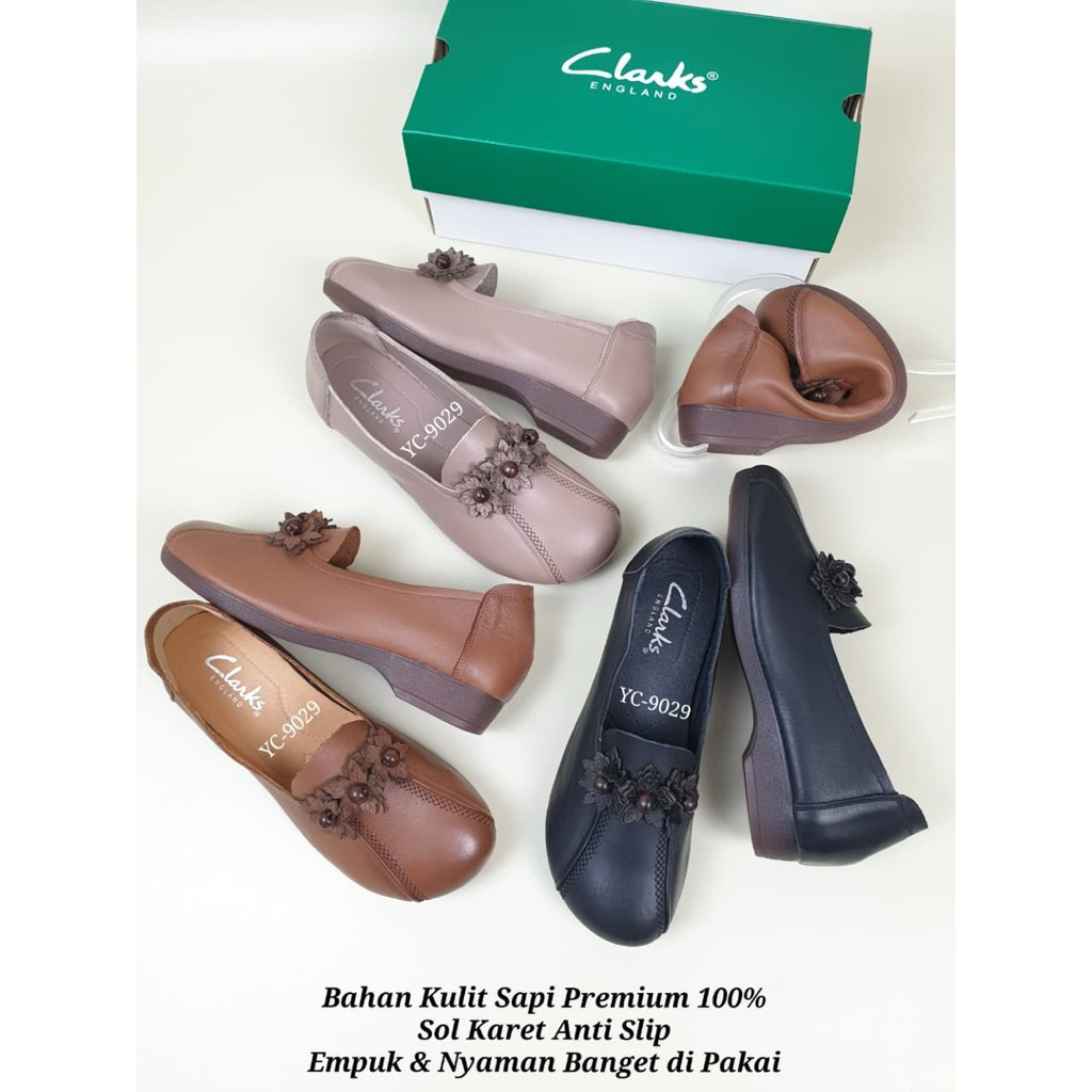 Sepatu Kulit Clarks YC-9029 Penny Loafer Flowers Leather 2,5cm Wanita Cewek Perempuan