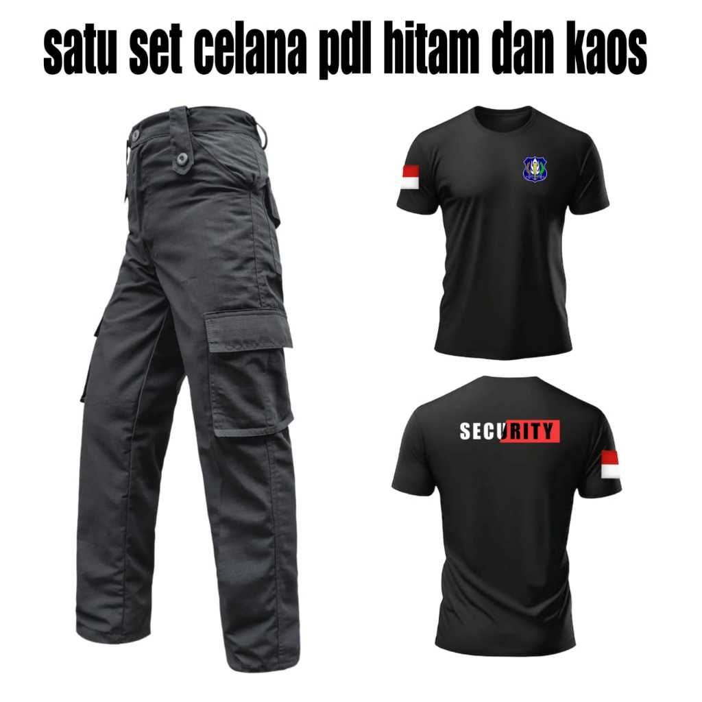Satu set celana PDL security dengan kaos warna hitam