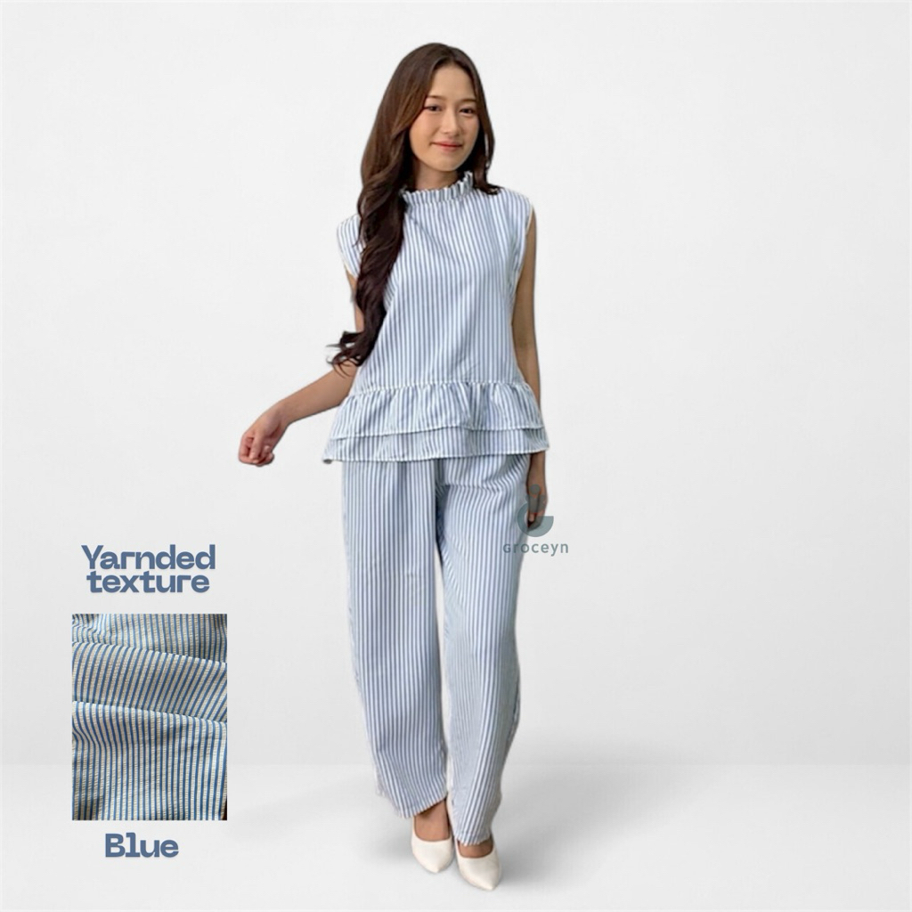 Groceyn - Elira Set Stripe Wanita Salur Pants Celana Panjang Kuliah Motif Garis Kulot Pinstripe