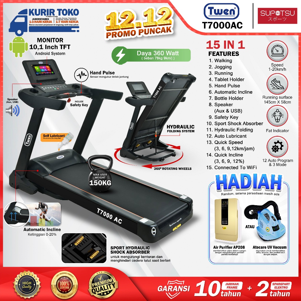 Twen T7000AC Treadmill Portable / Treadmill Electric Low Watt / Treadmill Elektrik / Alat Olahraga